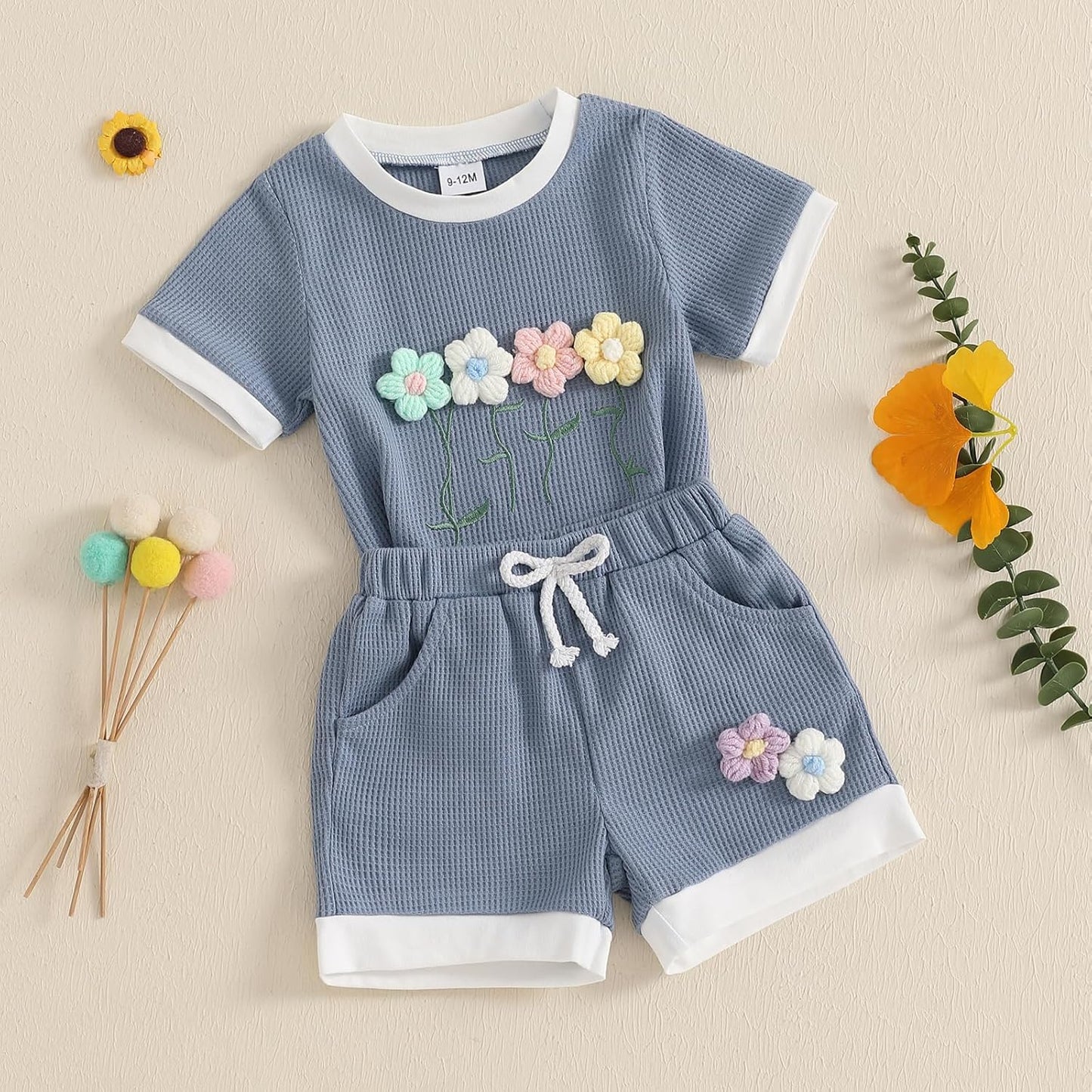 Toddler Baby Girl Outfits Floral Summer Clothes Infant Spring Waffle Short Sleeve Shirt Tops Cute Shorts Set