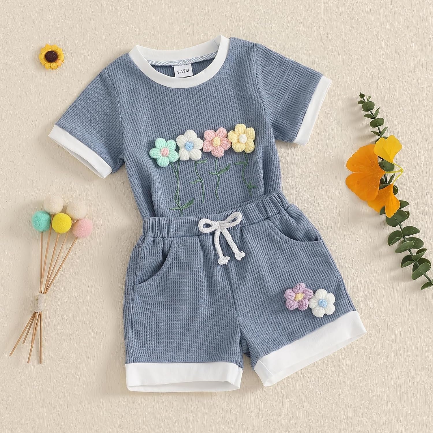 Toddler Baby Girl Outfits Floral Summer Clothes Infant Spring Waffle Short Sleeve Shirt Tops Cute Shorts Set