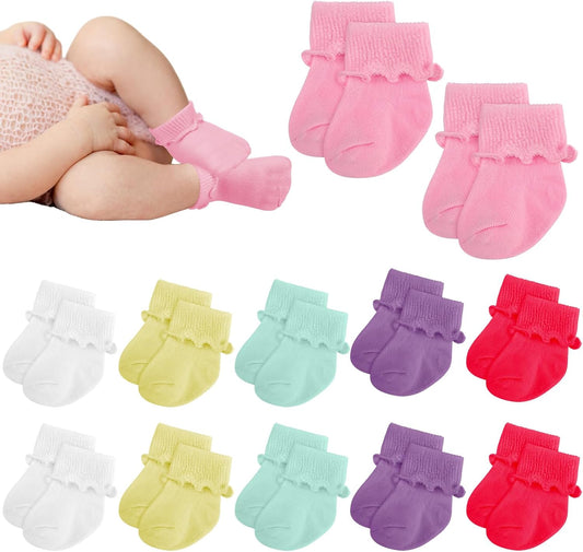 12 Pairs Baby Ruffle Ankle Socksturn Cuff Cotton Girls and Boys Non-Slip Warm Socks