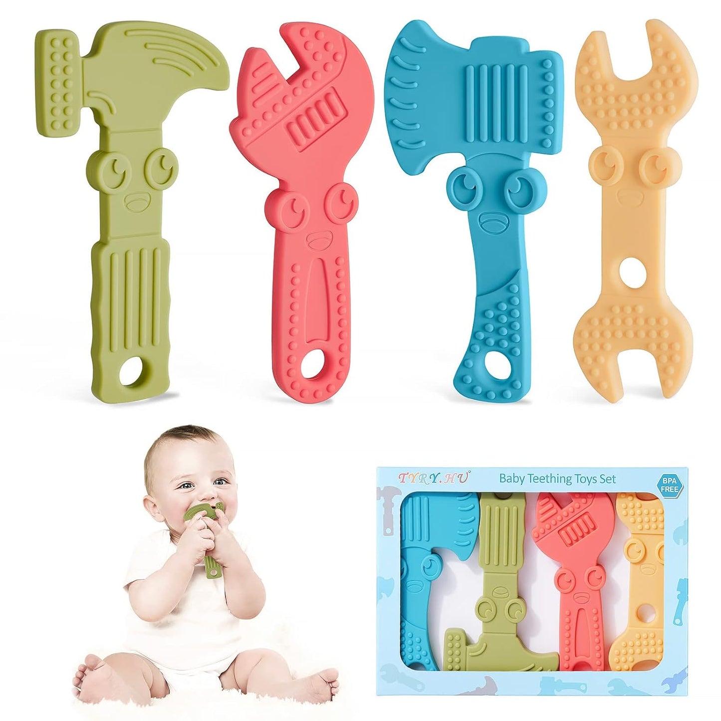 Baby Teething Toys for Babies 0-6 Months 6-12 Months, BPA Free Silicone Baby Molar Teether Chew Toys, Hammer Wrench Spanner Pliers for Boys Girls, Soft-Textured, Easy to Hold & Clean, 4 Packs