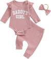 Newborn Baby Girl Outfits Daddys Girls Ruffle Long Sleeve Romper Top Pants Headband Infant Fall Winter Clothes