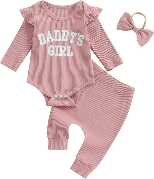 Newborn Baby Girl Outfits Daddys Girls Ruffle Long Sleeve Romper Top Pants Headband Infant Fall Winter Clothes