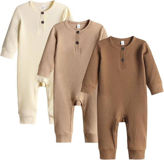 Baby Boy Girl 2/3 Pack Solid Romper Ribbed Short/Long Sleeve Bodysuit Jumpsuit Infant Knitted Outfits Clothes