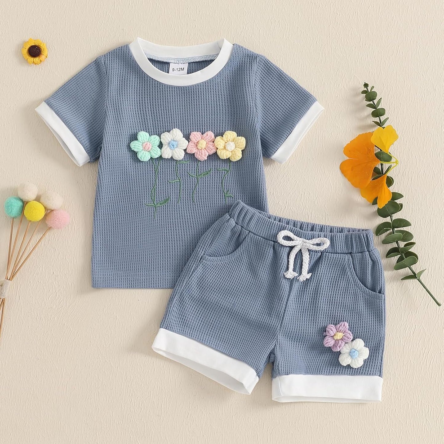 Toddler Baby Girl Outfits Floral Summer Clothes Infant Spring Waffle Short Sleeve Shirt Tops Cute Shorts Set