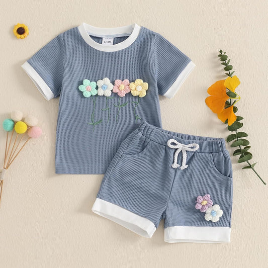 Toddler Baby Girl Outfits Floral Summer Clothes Infant Spring Waffle Short Sleeve Shirt Tops Cute Shorts Set