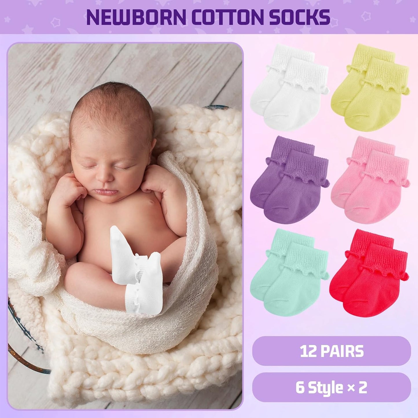 12 Pairs Baby Ruffle Ankle Socksturn Cuff Cotton Girls and Boys Non-Slip Warm Socks