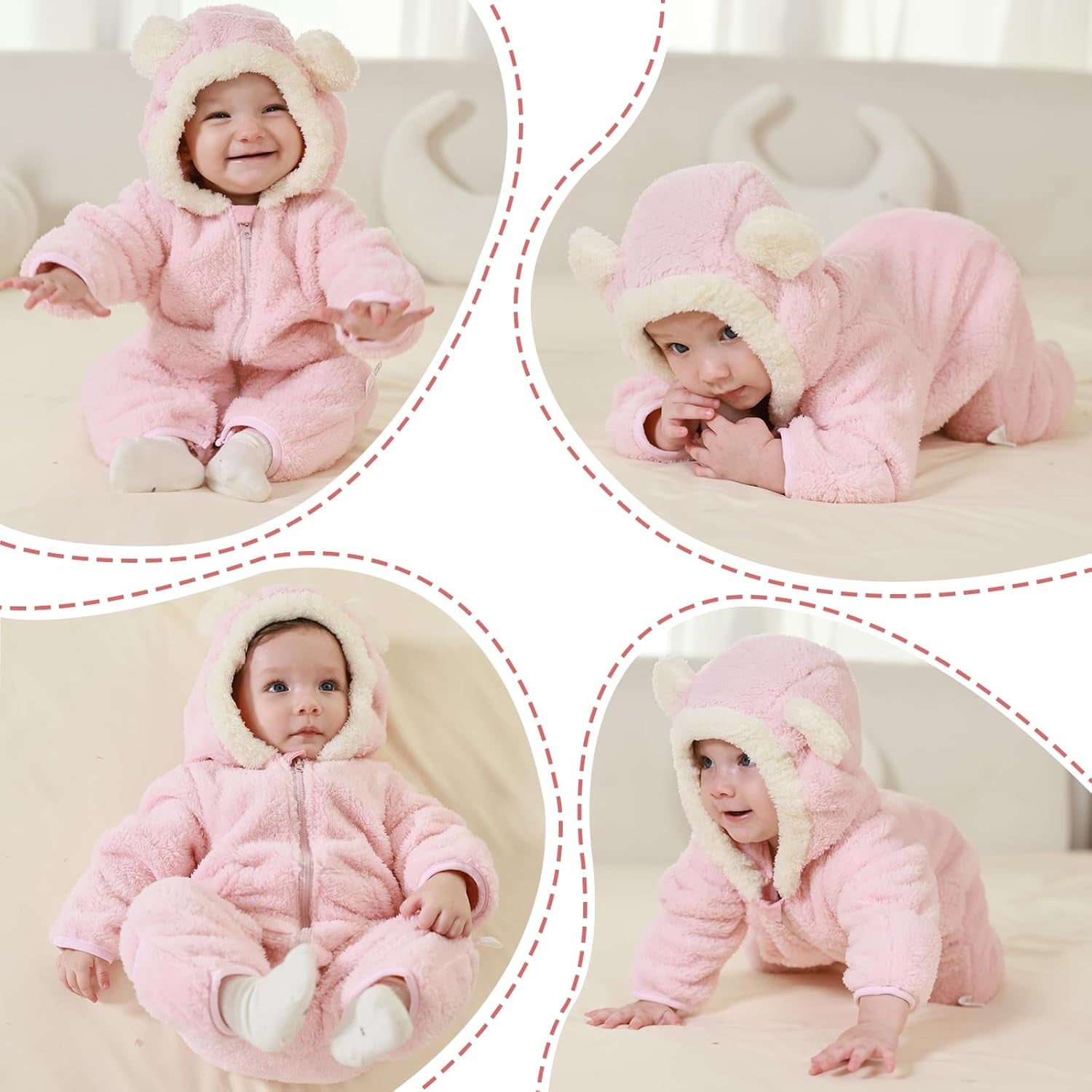 Newborn Baby Bear Outfit Suit with Fold-Over Mittens Footies Girls Boys Winter Fleece Clothes Hooded Romper Snowsuit