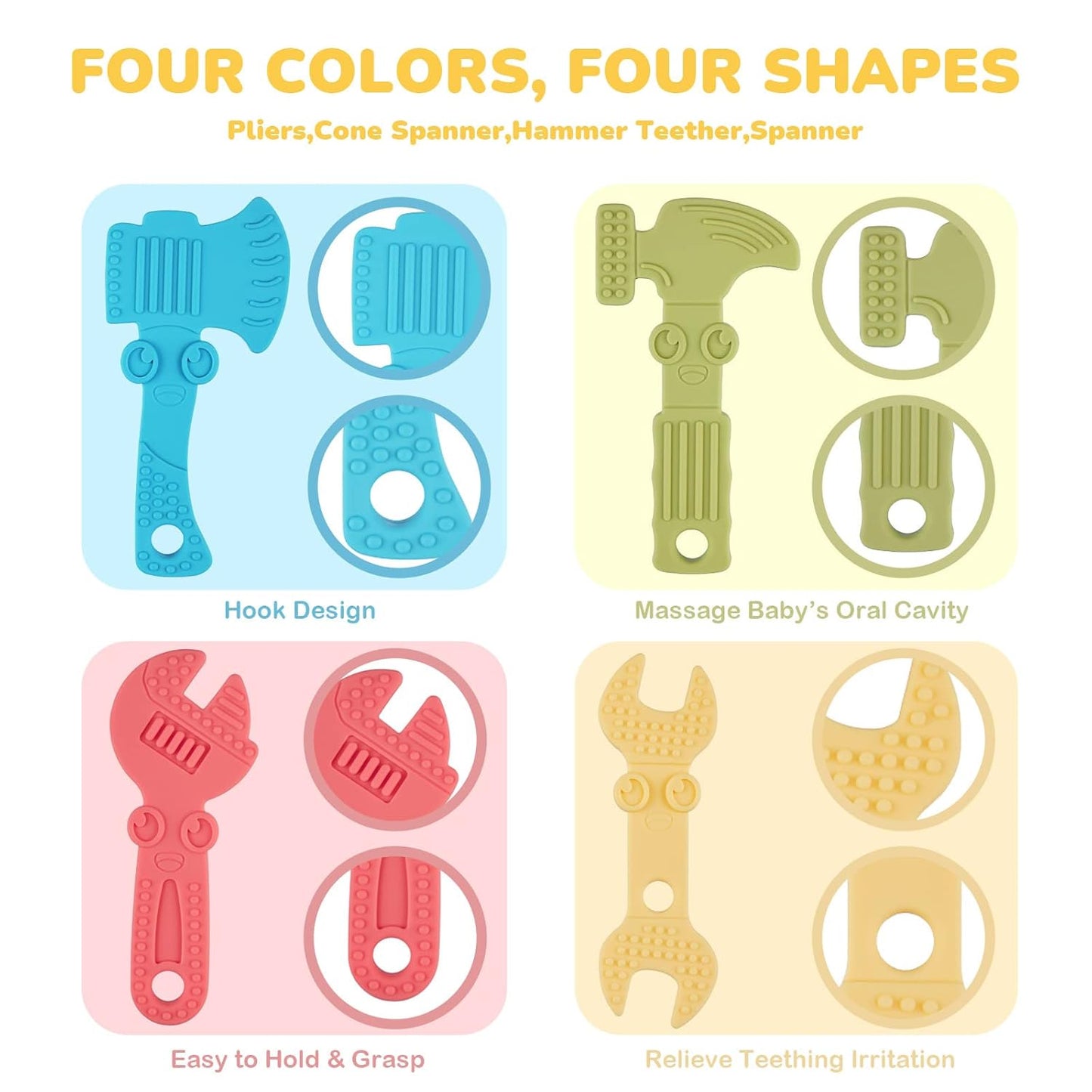 Baby Teething Toys for Babies 0-6 Months 6-12 Months, BPA Free Silicone Baby Molar Teether Chew Toys, Hammer Wrench Spanner Pliers for Boys Girls, Soft-Textured, Easy to Hold & Clean, 4 Packs