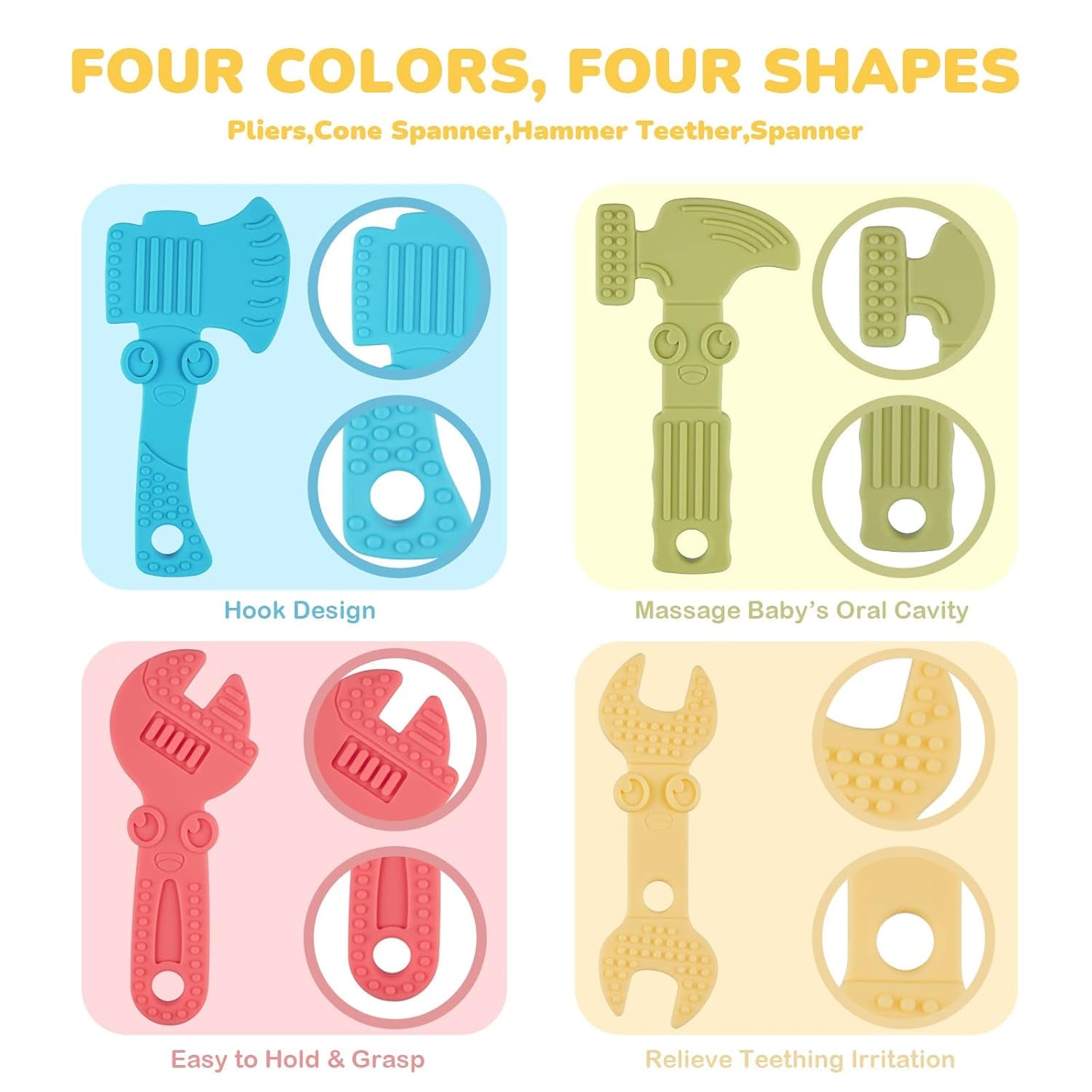 Baby Teething Toys for Babies 0-6 Months 6-12 Months, BPA Free Silicone Baby Molar Teether Chew Toys, Hammer Wrench Spanner Pliers for Boys Girls, Soft-Textured, Easy to Hold & Clean, 4 Packs