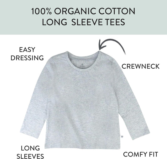 5-Pack Long Sleeve T Shirts 100% Organic Cotton for Toddler, Little Kids Boys, Girls