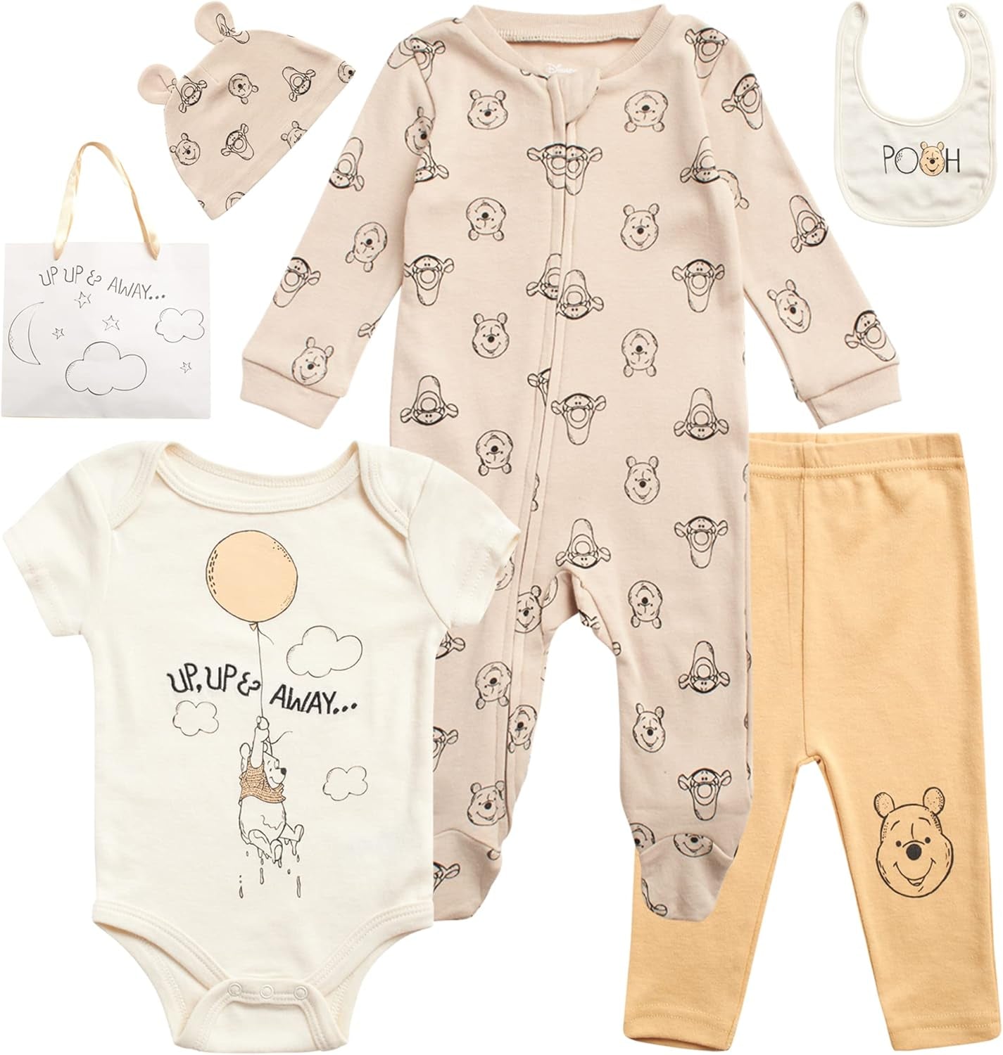 Newborn Baby Girl Boy Clothes - 7 Piece Mickey Mouse Winnie the Pooh Bib Onesie Overall Beanie Pants Gift Bag Gift Set