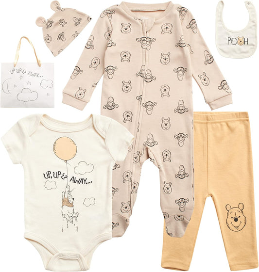 Newborn Baby Girl Boy Clothes - 7 Piece Mickey Mouse Winnie the Pooh Bib Onesie Overall Beanie Pants Gift Bag Gift Set