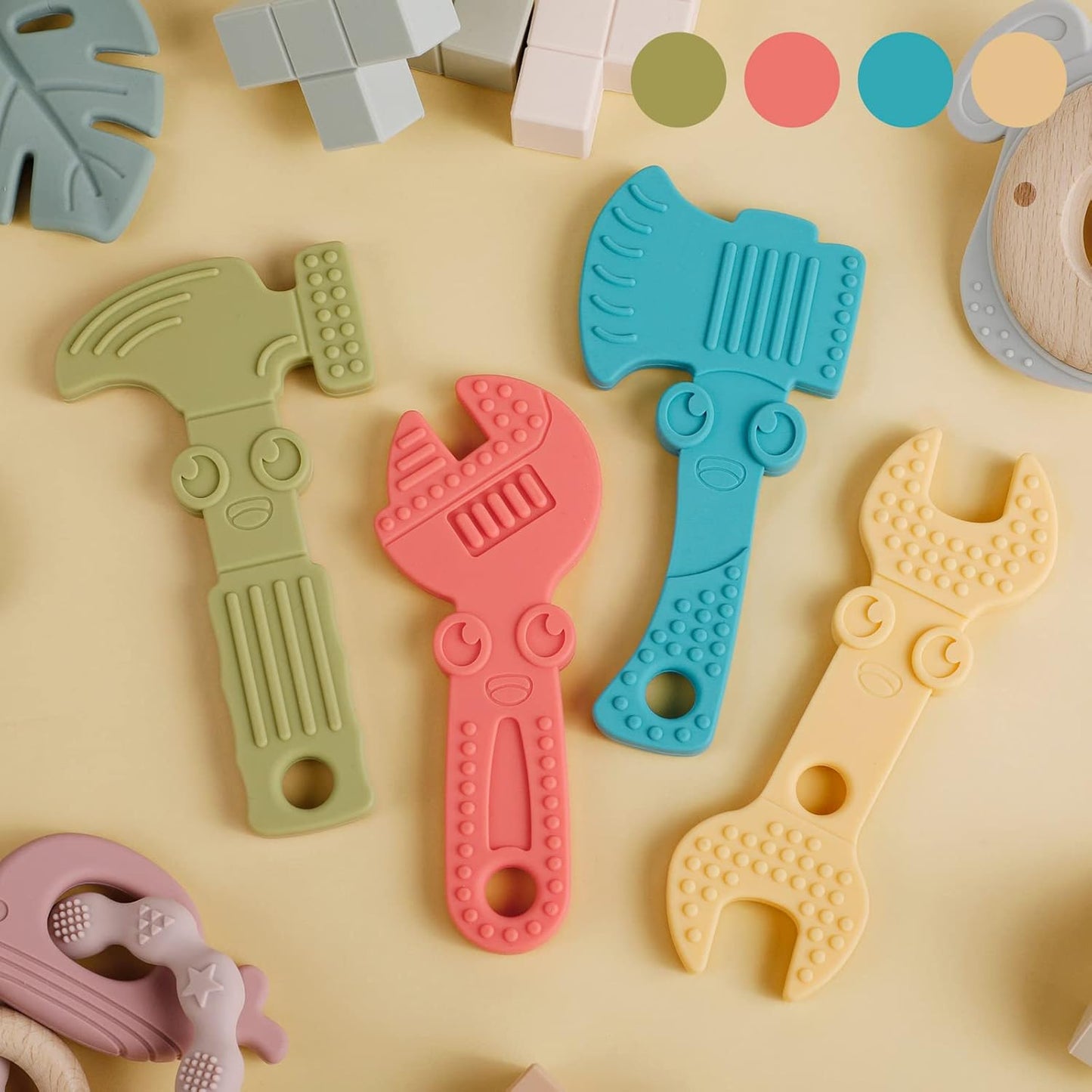 Baby Teething Toys for Babies 0-6 Months 6-12 Months, BPA Free Silicone Baby Molar Teether Chew Toys, Hammer Wrench Spanner Pliers for Boys Girls, Soft-Textured, Easy to Hold & Clean, 4 Packs