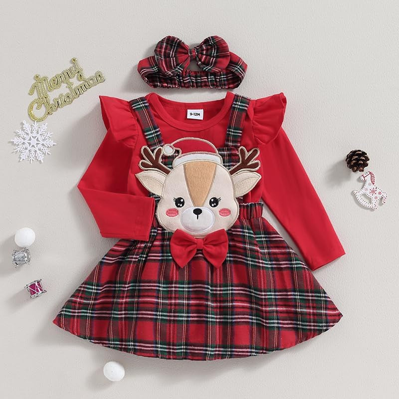 Christmas Baby Girl Outfit Newborn Cute Elk Fly Sleeve Romper Overall Dress Infant Girls Fall Winter Skirt Set