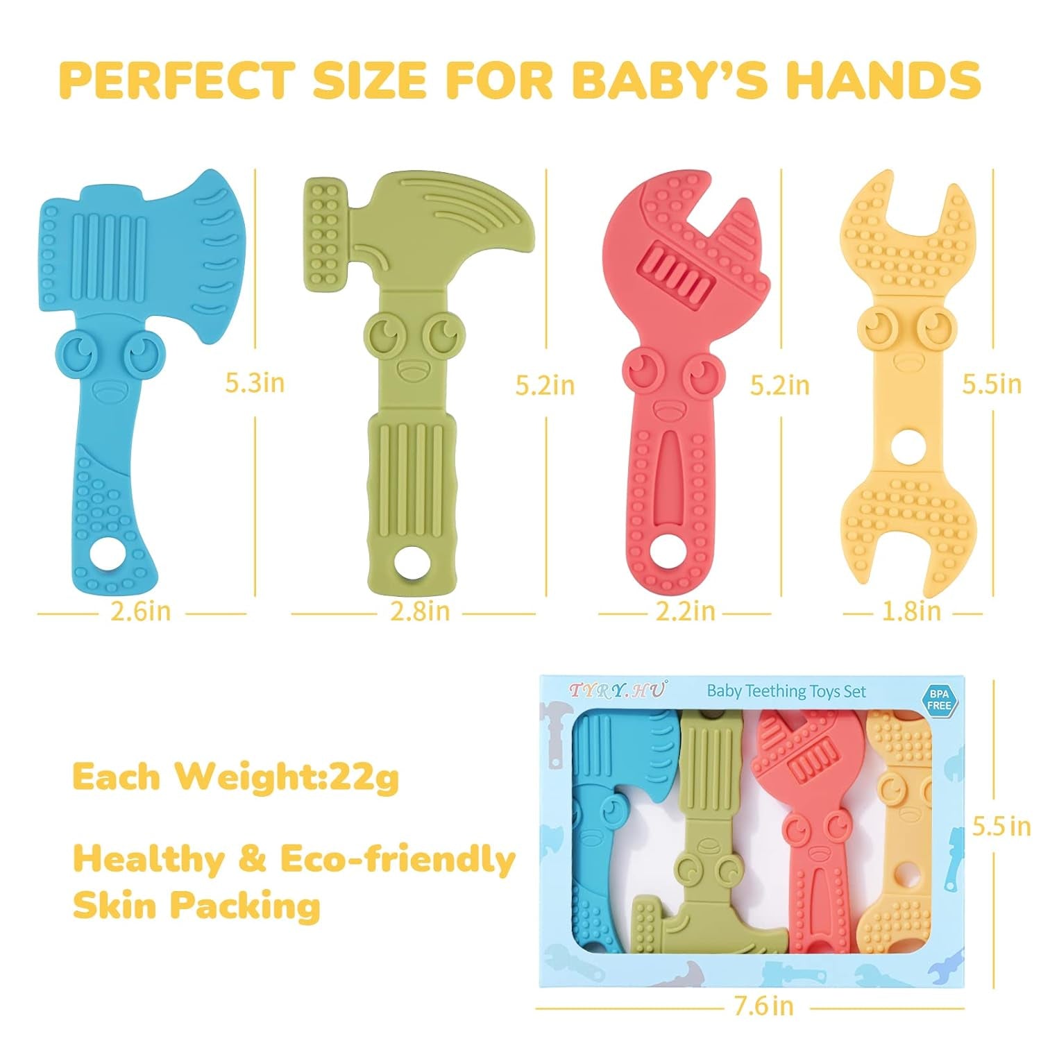 Baby Teething Toys for Babies 0-6 Months 6-12 Months, BPA Free Silicone Baby Molar Teether Chew Toys, Hammer Wrench Spanner Pliers for Boys Girls, Soft-Textured, Easy to Hold & Clean, 4 Packs