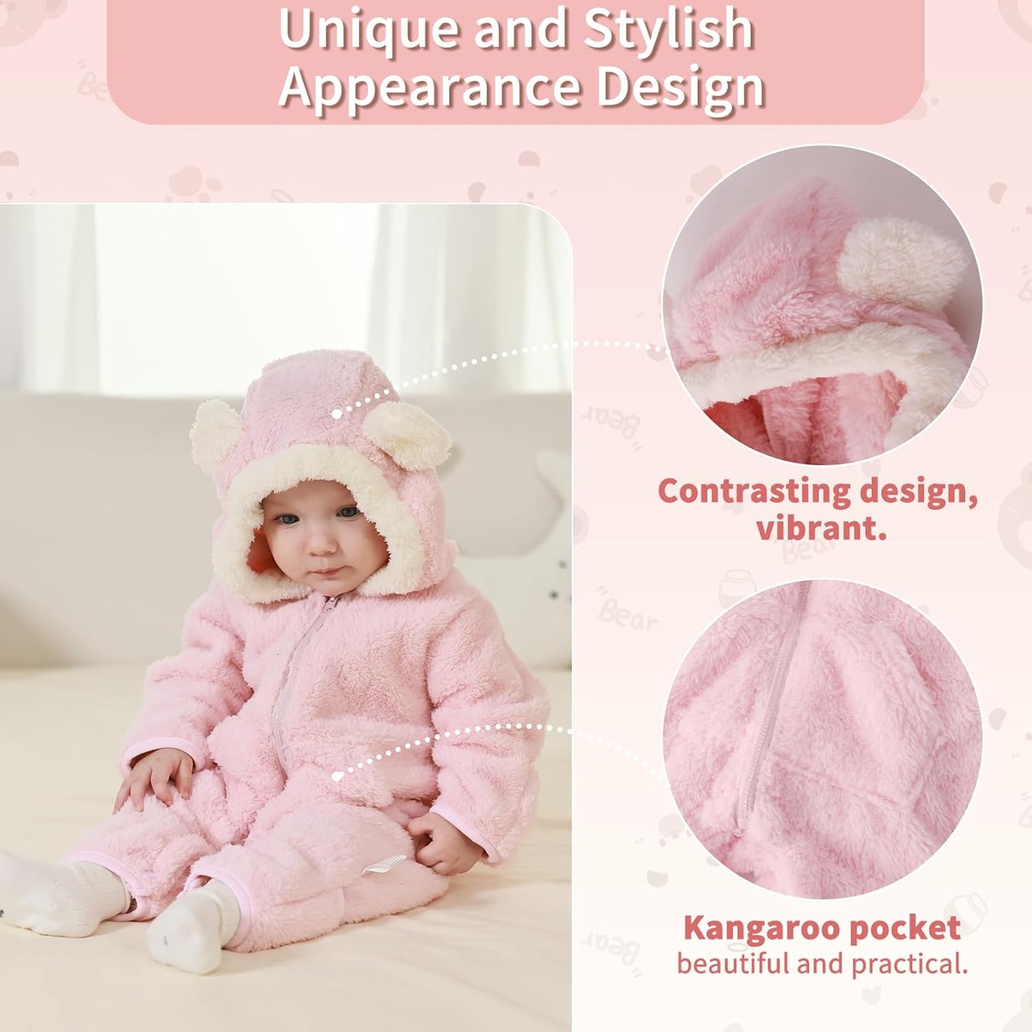 Newborn Baby Bear Outfit Suit with Fold-Over Mittens Footies Girls Boys Winter Fleece Clothes Hooded Romper Snowsuit