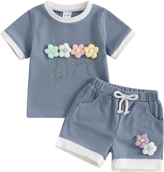 Toddler Baby Girl Outfits Floral Summer Clothes Infant Spring Waffle Short Sleeve Shirt Tops Cute Shorts Set
