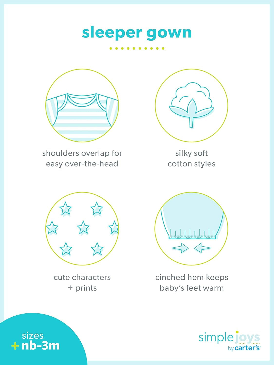 Baby Girls' Cotton Sleeper Gown, Pack of 3, Pink/Mint Green/White, Newborn