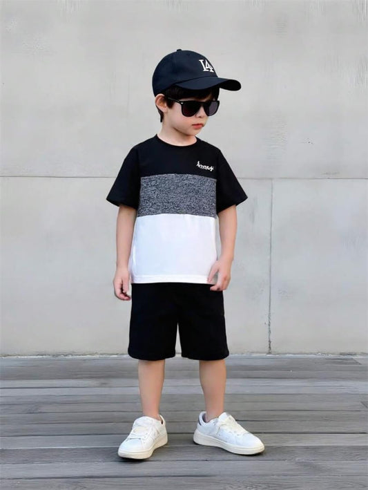 Toddler Kid Boy Clothes Colorblock Letter Graphic Tee Shorts 2PC Summer Outfit Set