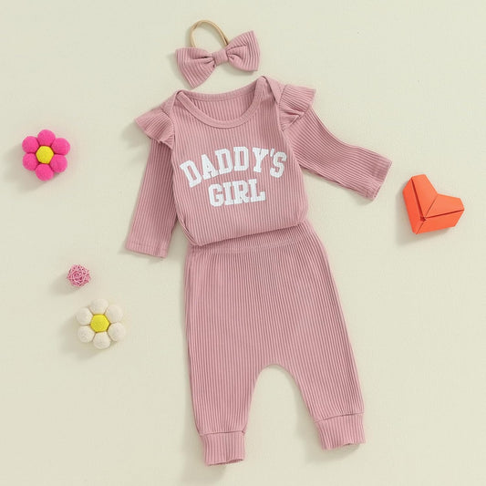Newborn Baby Girl Outfits Daddys Girls Ruffle Long Sleeve Romper Top Pants Headband Infant Fall Winter Clothes