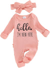Im New Here Newborn Outfit Girl Long Sleeve Letter Romper Ribbed Knit Jumpsuit Baby Girl Preemie Coming Home Outfit