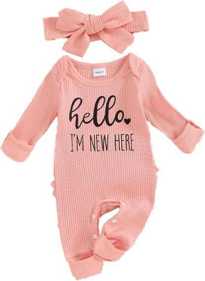 Im New Here Newborn Outfit Girl Long Sleeve Letter Romper Ribbed Knit Jumpsuit Baby Girl Preemie Coming Home Outfit