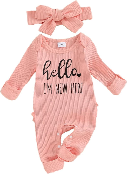 Im New Here Newborn Outfit Girl Long Sleeve Letter Romper Ribbed Knit Jumpsuit Baby Girl Preemie Coming Home Outfit