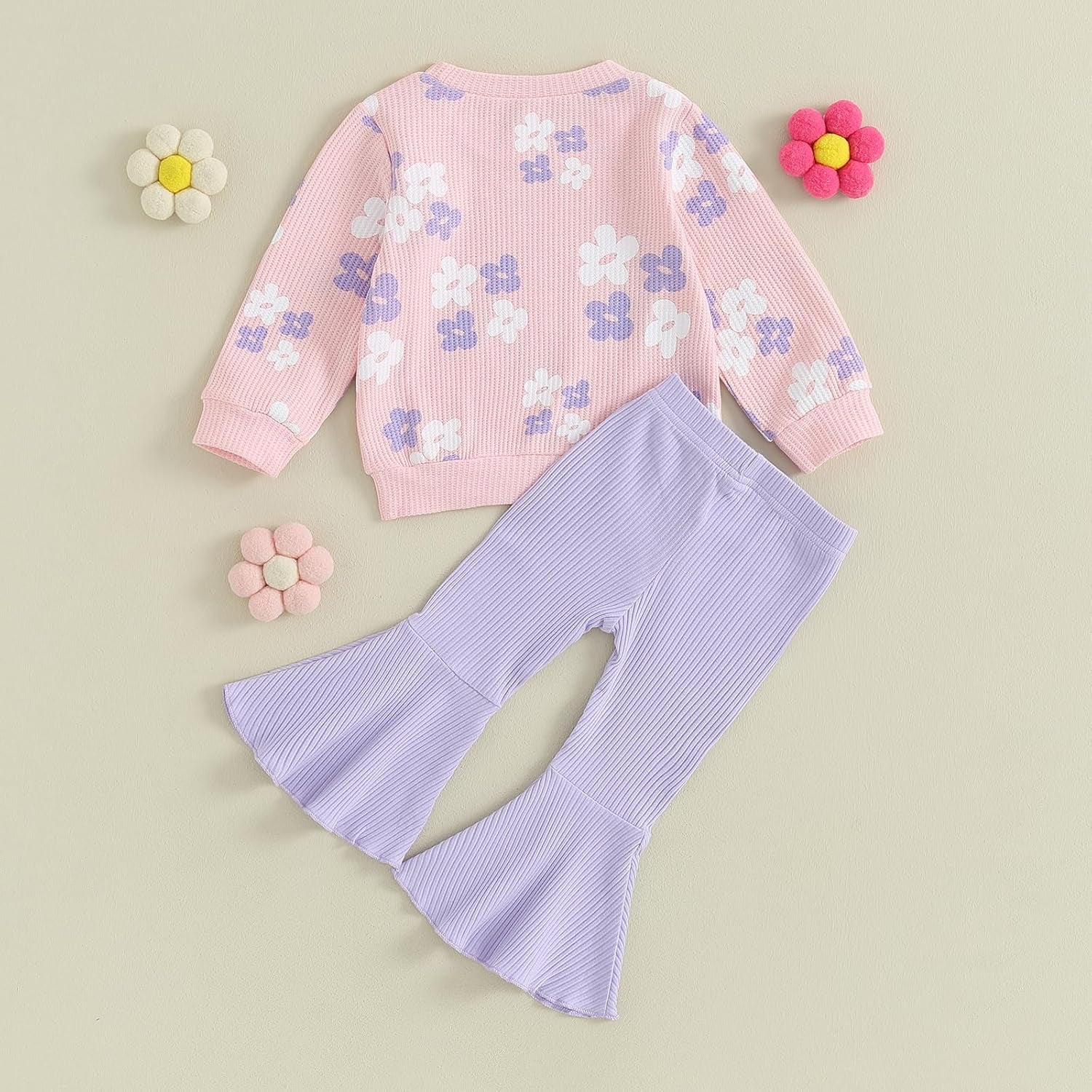 Baby Girl Fall Winter Clothes Floral Knit Crewneck Sweatshirts Flare Pants Set Toddler Bell-Bottoms Outfits