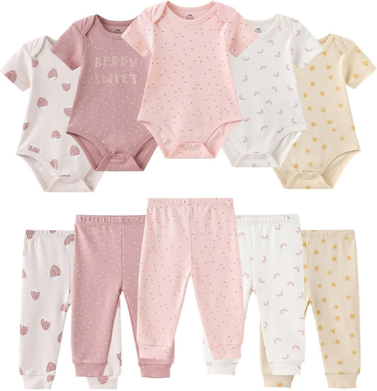 Baby Bodysuit and Pant Set 10-Pcs Cotton Soft Newborn Boy Girl Clothes Outfits