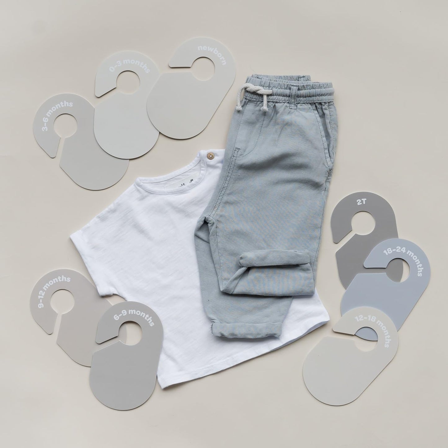 Baby Closet Dividers Set of 8 - Baby Clothes Organizer Toddler Hanger, Double-Sided Size Labels - Nursery Organization for Baby Clothing Newborn Infant to 2T Boy & Girl - Gray & Beige