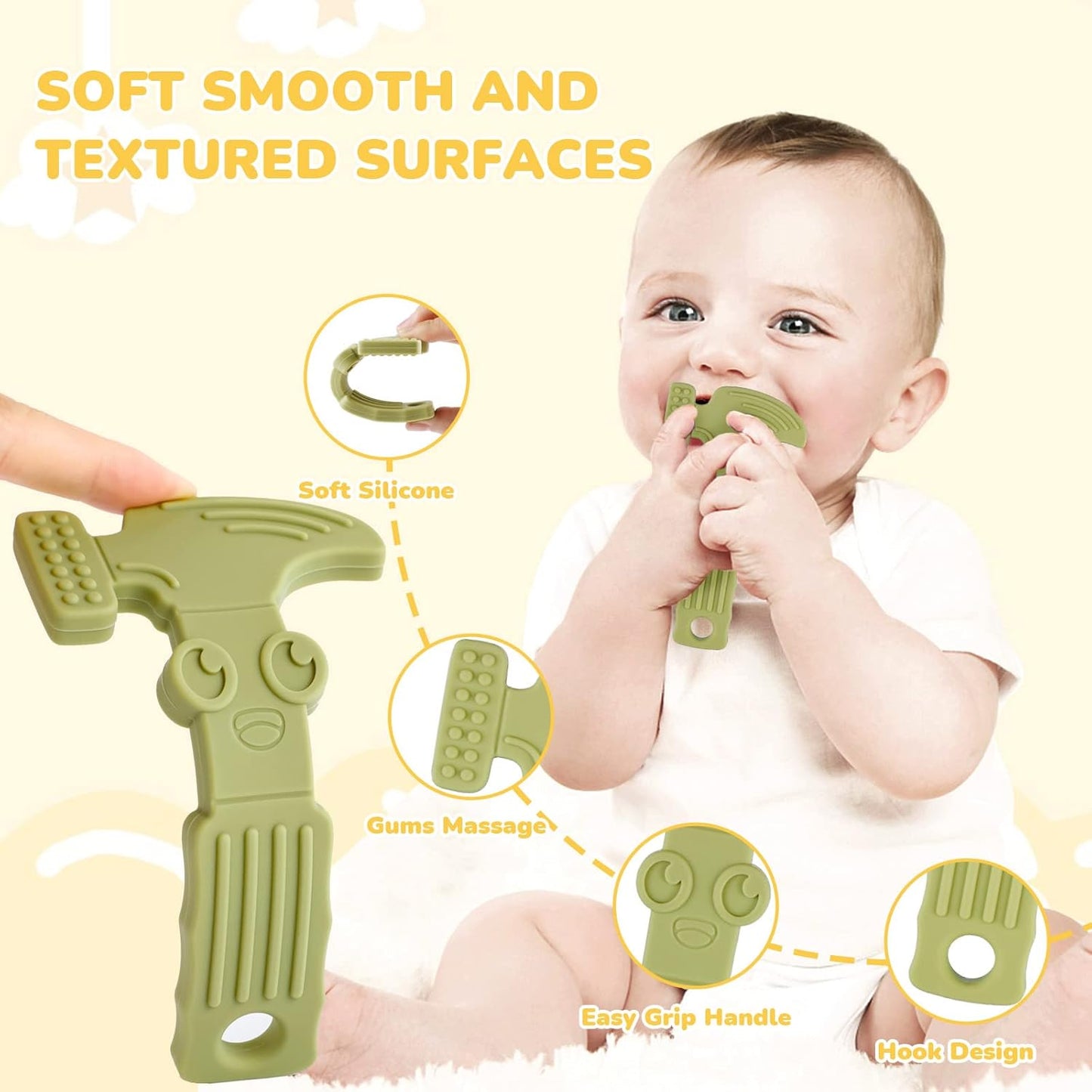 Baby Teething Toys for Babies 0-6 Months 6-12 Months, BPA Free Silicone Baby Molar Teether Chew Toys, Hammer Wrench Spanner Pliers for Boys Girls, Soft-Textured, Easy to Hold & Clean, 4 Packs