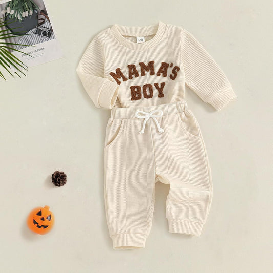 Newborn Baby Boy Clothes Mamas Boy Letters Embroidered Waffle Baby Sweatshirt Romper + Pants Sets Fall Winter Outfits