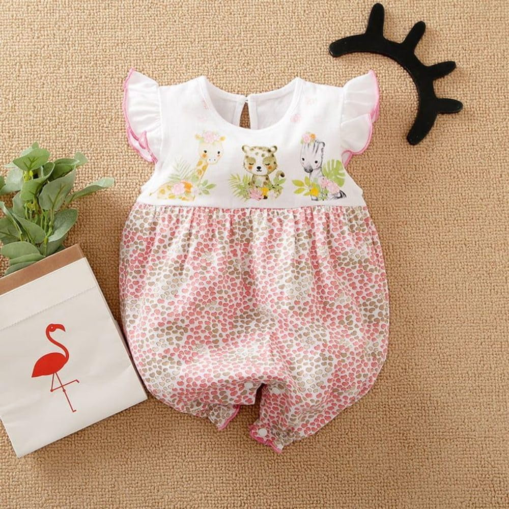 Cute Giraffe + Zebra with Floral Print Long Sleeve Baby Girl Clothes White Jumpsuit for Baby One-Piece Romper