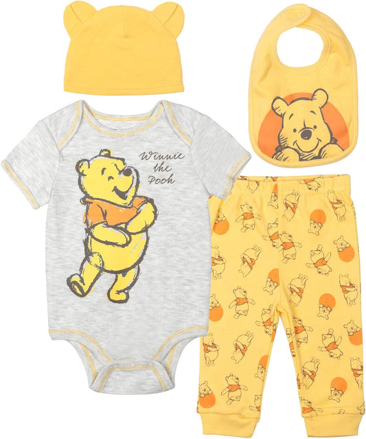 Winnie the Pooh Baby Bodysuit Pants Bib and Hat 4 Piece Outfit Set Newborn to Infant