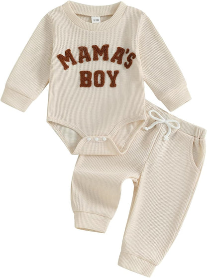 Newborn Baby Boy Clothes Mamas Boy Letters Embroidered Waffle Baby Sweatshirt Romper + Pants Sets Fall Winter Outfits