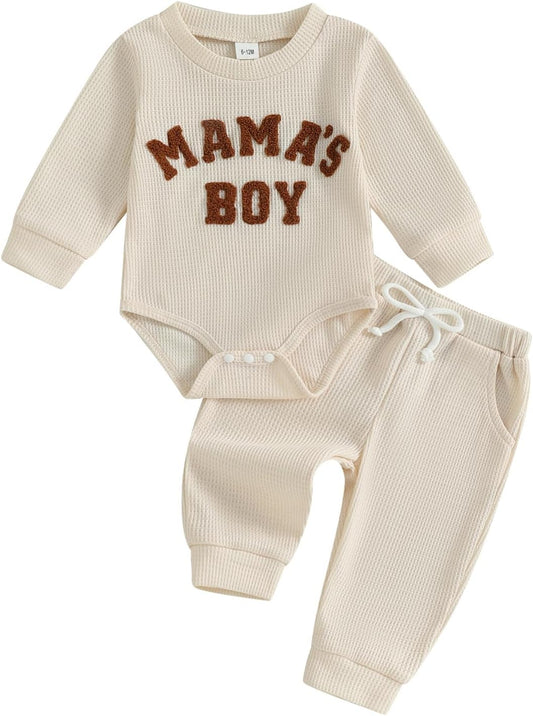 Newborn Baby Boy Clothes Mamas Boy Letters Embroidered Waffle Baby Sweatshirt Romper + Pants Sets Fall Winter Outfits
