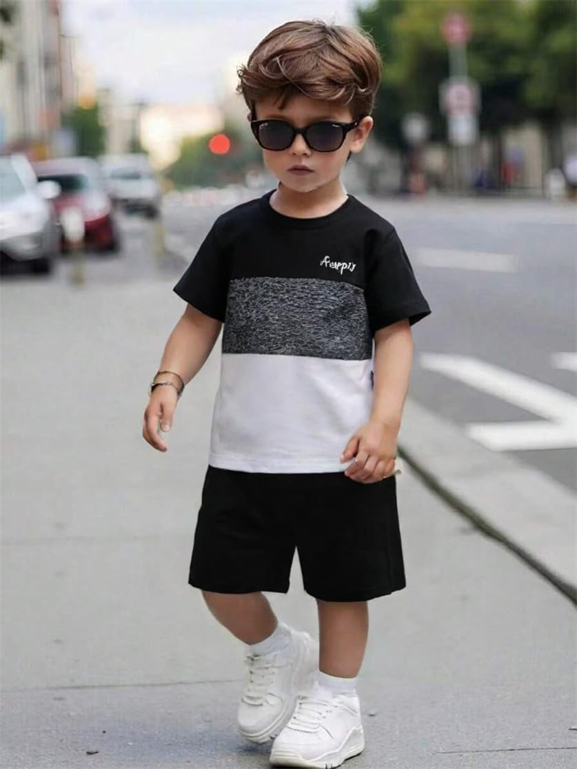 Toddler Kid Boy Clothes Colorblock Letter Graphic Tee Shorts 2PC Summer Outfit Set