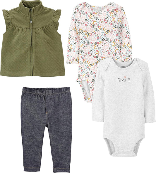 Baby Girls' 4-Piece Short-Sleeve Shirts and Pants Playwear Set