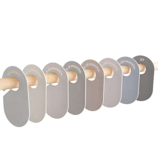 Baby Closet Dividers Set of 8 - Baby Clothes Organizer Toddler Hanger, Double-Sided Size Labels - Nursery Organization for Baby Clothing Newborn Infant to 2T Boy & Girl - Gray & Beige