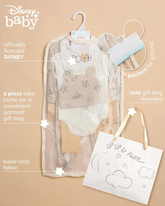 Newborn Baby Girl Boy Clothes - 7 Piece Mickey Mouse Winnie the Pooh Bib Onesie Overall Beanie Pants Gift Bag Gift Set
