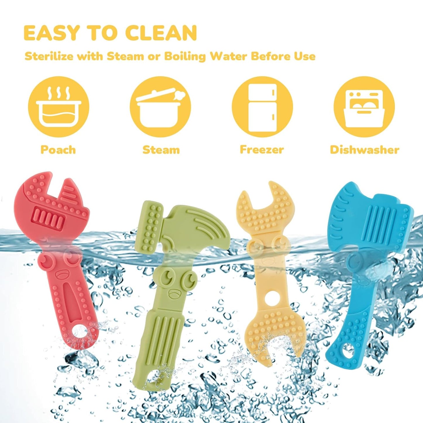 Baby Teething Toys for Babies 0-6 Months 6-12 Months, BPA Free Silicone Baby Molar Teether Chew Toys, Hammer Wrench Spanner Pliers for Boys Girls, Soft-Textured, Easy to Hold & Clean, 4 Packs