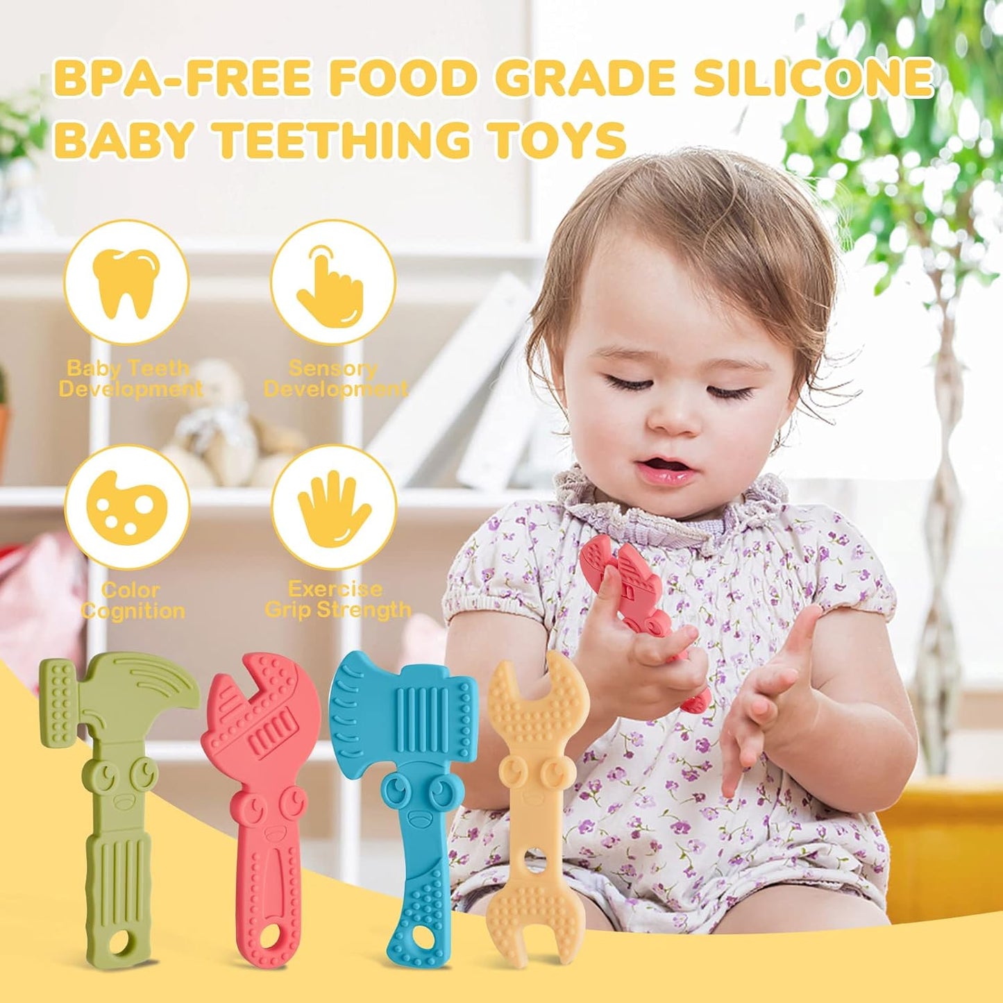 Baby Teething Toys for Babies 0-6 Months 6-12 Months, BPA Free Silicone Baby Molar Teether Chew Toys, Hammer Wrench Spanner Pliers for Boys Girls, Soft-Textured, Easy to Hold & Clean, 4 Packs