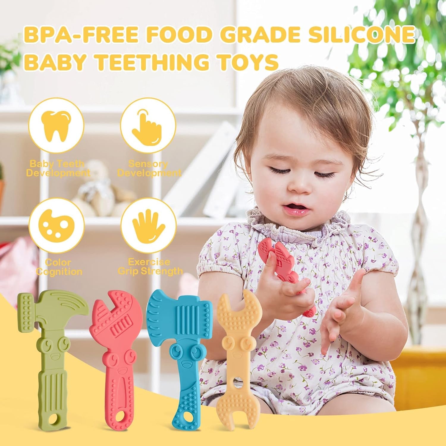Baby Teething Toys for Babies 0-6 Months 6-12 Months, BPA Free Silicone Baby Molar Teether Chew Toys, Hammer Wrench Spanner Pliers for Boys Girls, Soft-Textured, Easy to Hold & Clean, 4 Packs