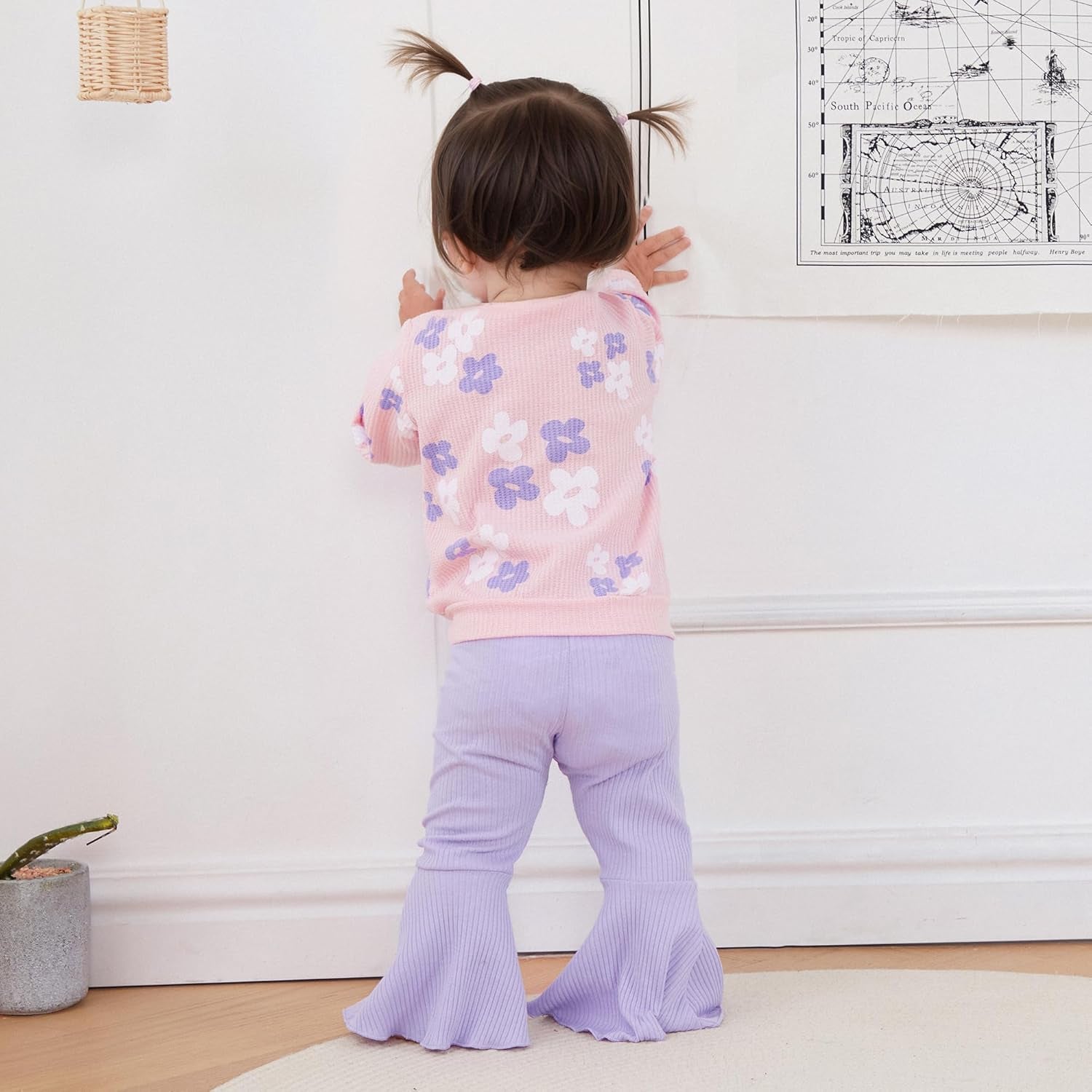 Baby Girl Fall Winter Clothes Floral Knit Crewneck Sweatshirts Flare Pants Set Toddler Bell-Bottoms Outfits
