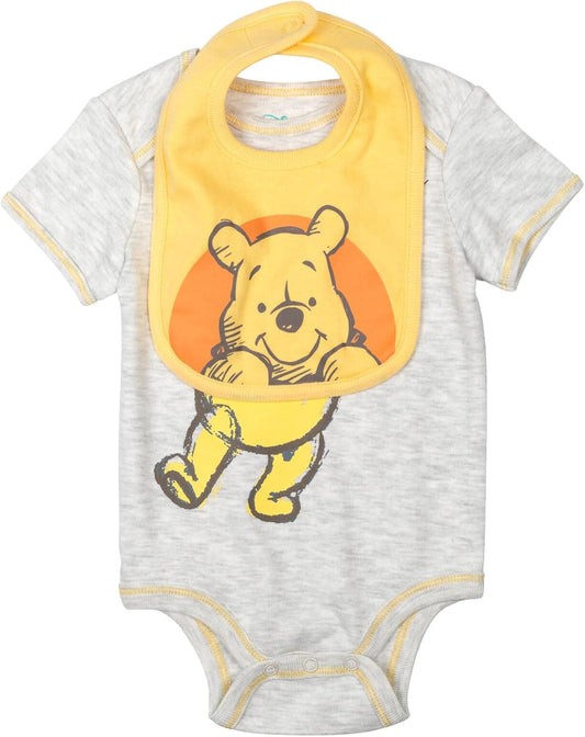 Winnie the Pooh Baby Bodysuit Pants Bib and Hat 4 Piece Outfit Set Newborn to Infant