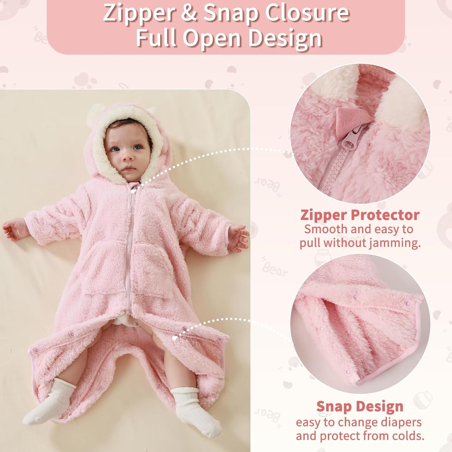 Newborn Baby Bear Outfit Suit with Fold-Over Mittens Footies Girls Boys Winter Fleece Clothes Hooded Romper Snowsuit