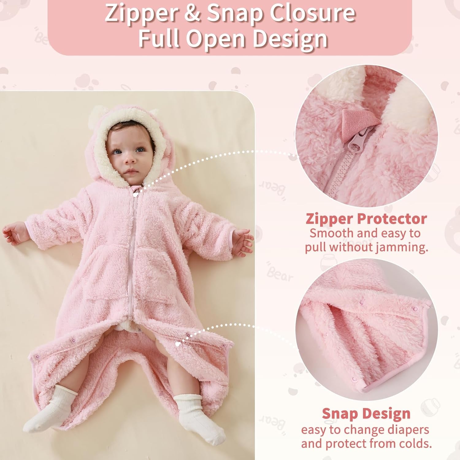 Newborn Baby Bear Outfit Suit with Fold-Over Mittens Footies Girls Boys Winter Fleece Clothes Hooded Romper Snowsuit