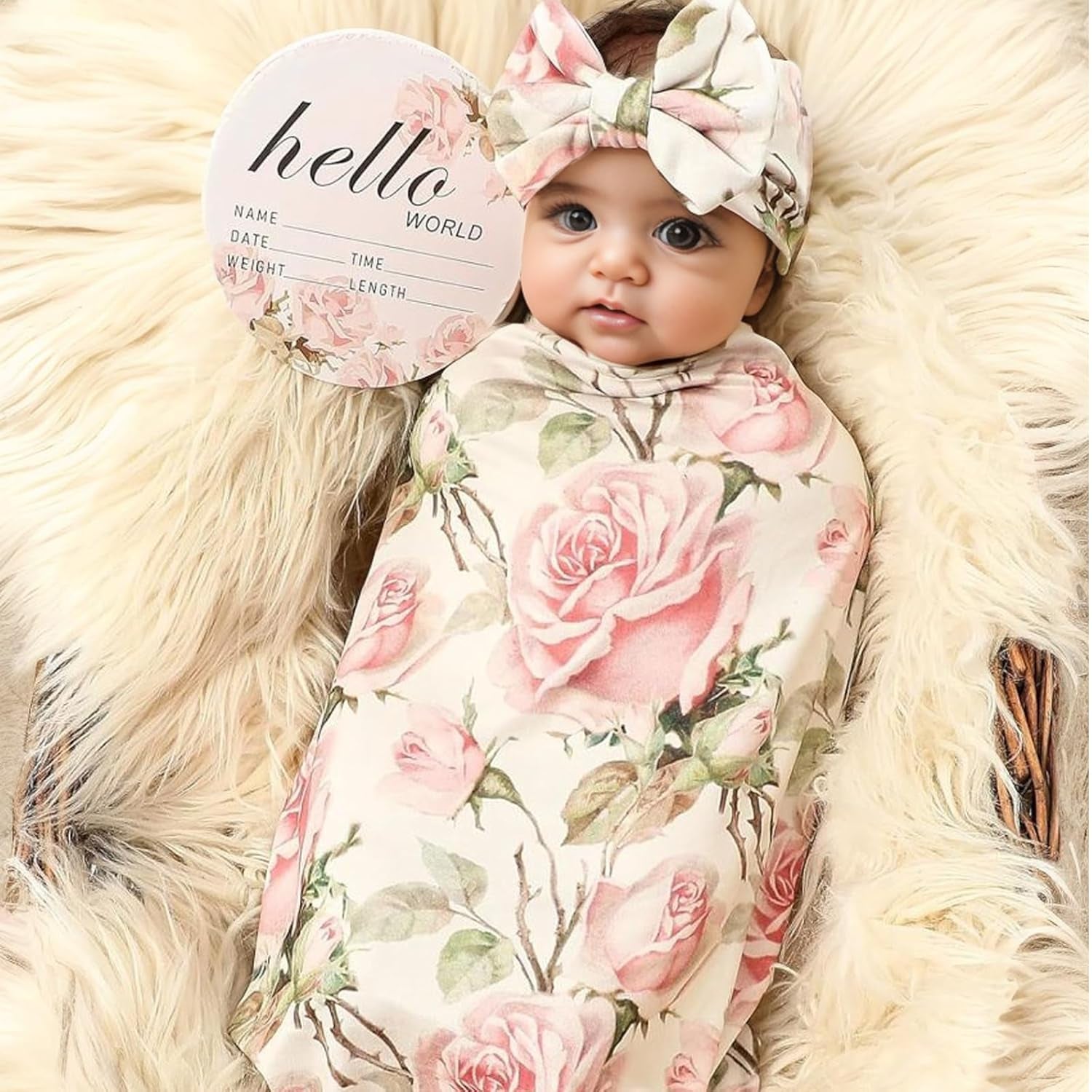 Newborn Receiving Blanket Headband Set Baby Flower Swaddle (Vintage Flower)