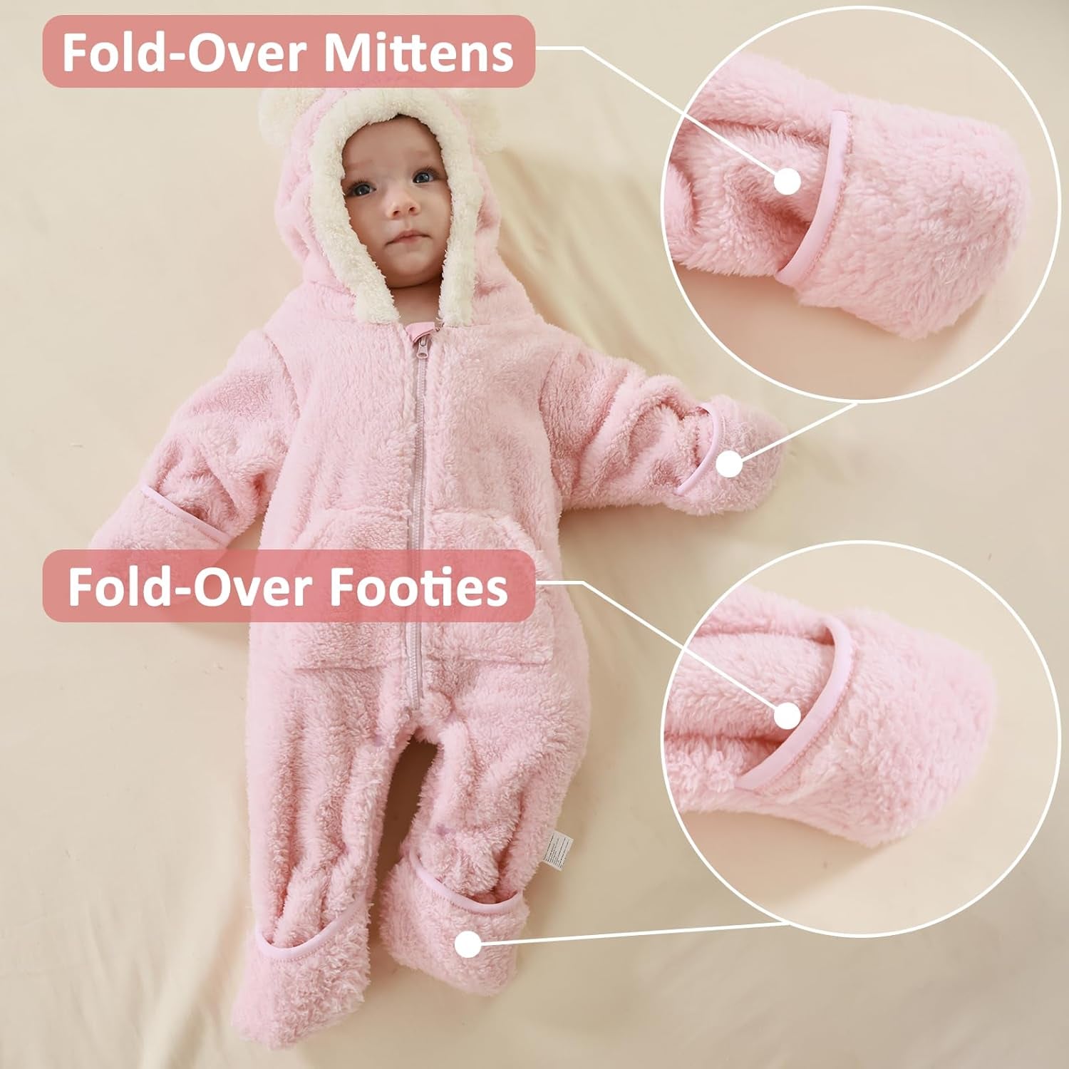 Newborn Baby Bear Outfit Suit with Fold-Over Mittens Footies Girls Boys Winter Fleece Clothes Hooded Romper Snowsuit