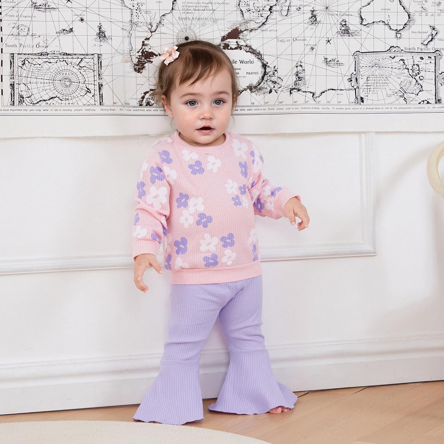 Baby Girl Fall Winter Clothes Floral Knit Crewneck Sweatshirts Flare Pants Set Toddler Bell-Bottoms Outfits